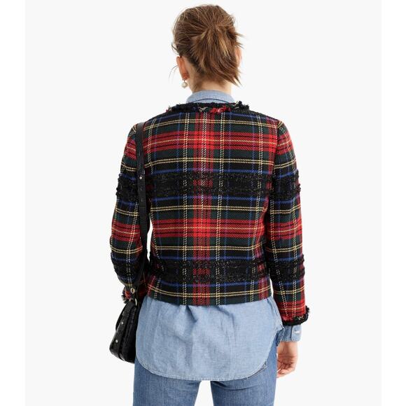 J CREW Lady Jacket Lurex Stewart Tartan Red Black Fringe Open Blazer Women's 4 - Picture 4 of 16